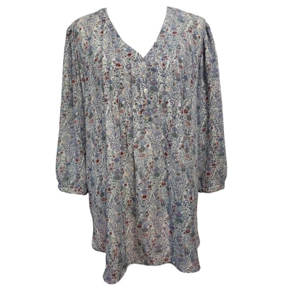 Rose & Olive Womens V Neck Floral Print Tunic W/Front Tucks 3/4 Sleeves 1X - Picture 1 of 5
